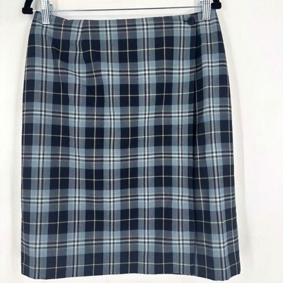 Vintage Andrea Viccaro Blue Plaid Wool Blend Wrap Skirt Size 12 Preppy Oxford - Picture 1 of 7